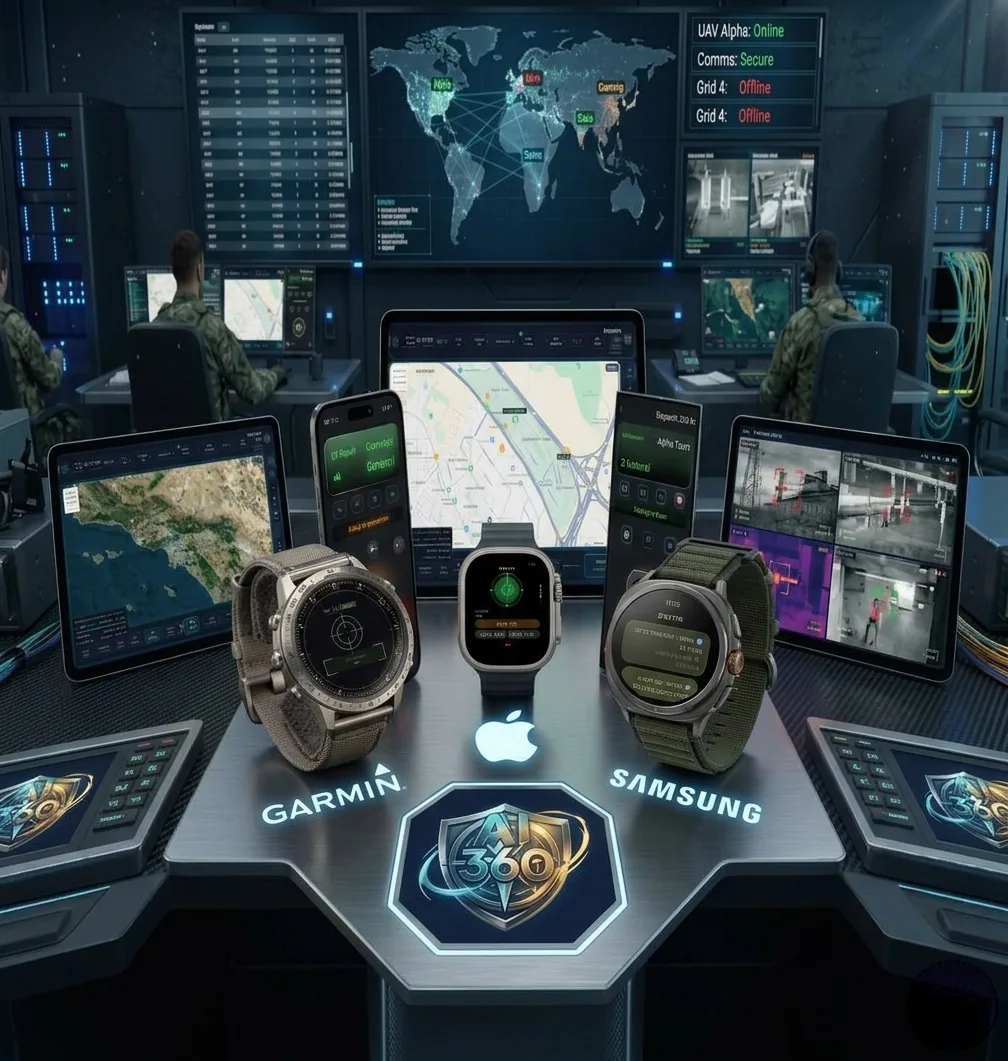 Dispatch 360 Ai on smartwatches — Garmin, Apple Watch and Samsung Galaxy Watch alongside tablets and phones in a control room